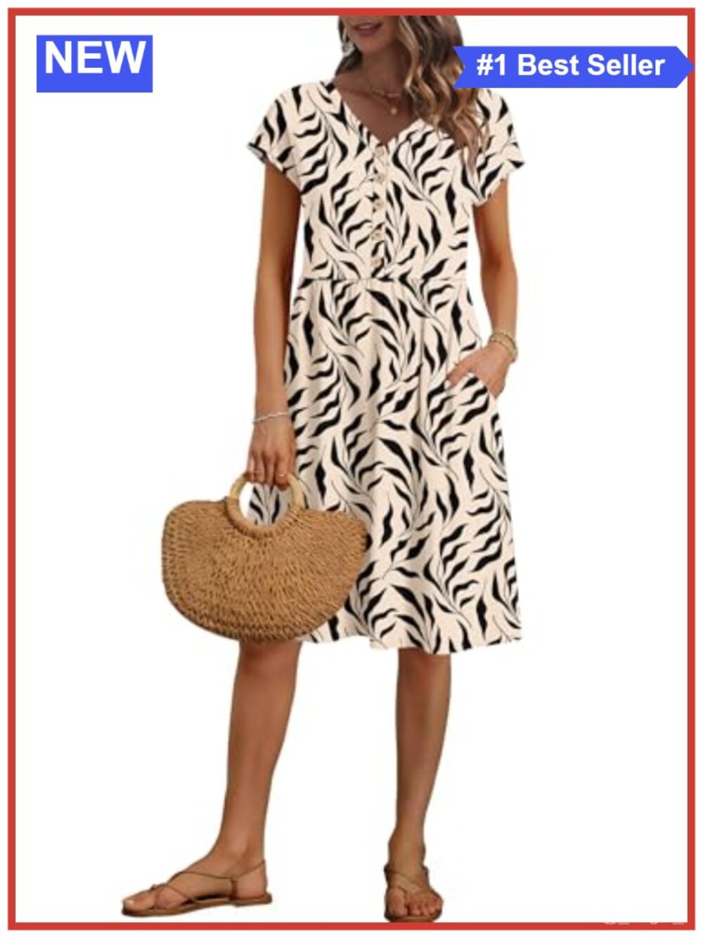 Women's V-Neck Knee-Length Summer Dress with Pockets Polyester Spandex
